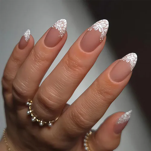 Vista 9 de Uñas postizas a presión medianas con diseño geométrico blanco almendra – 24 uñas postizas reutilizables de ABS brillante, fácil de aplicar, juego