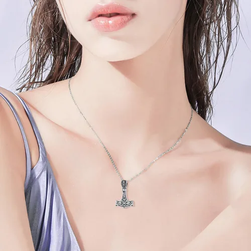 Vista 2 de VONALA Collar gótico de plata de ley 925, daga punk, martillo de Thor, punta de flecha, lobo, león, árbol de la vida, collar con colgante de urna