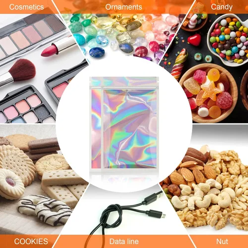 Vista 6 de Paquete de 100 bolsas de Mylar con ventana transparente, holográficas, a prueba de olores, para pequeñas empresas, bolsas resellables