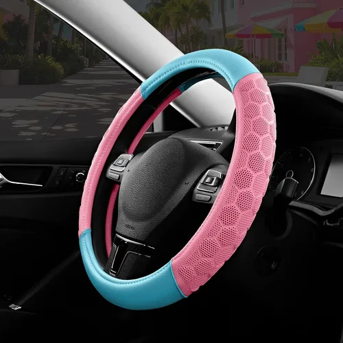 Vista 12 de Cubierta de Volante de Masaje PIC AUTO, Cubierta de Volante de Coche de Cuero Beige y Material de Patrón de Fútbol Rosa Combinado, Cubierta