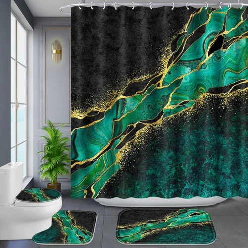 Vista 7 de Poedist Juego de 4 cortinas de ducha de baño, juegos de baño con alfombras (tapete de baño, forma de U y tapa de inodoro) y 12 ganchos, mármol