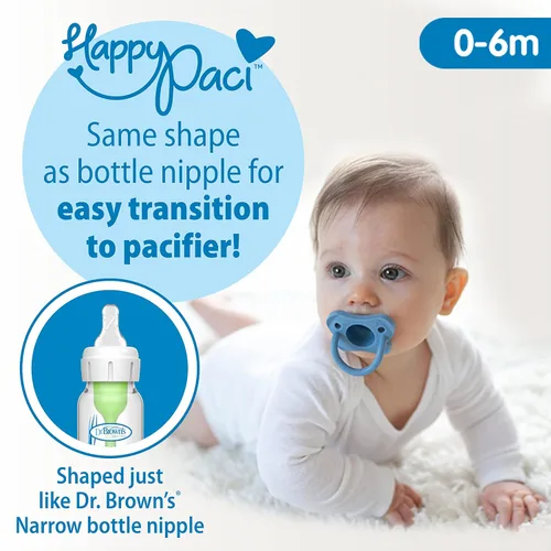 Vista 3 de Dr. Brown's HappyPaci Chupete de Silicona 100% para Bebé, Diseño Uníco Contorneado, Azul, 0-6m, Libre de BPA, Pack de 4
