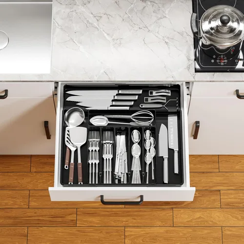 Vista 7 de Organizadores expandibles de cubiertos para cajones de cocina, gran organizador de cubiertos sin BPA para cajones, organizador de utensilios