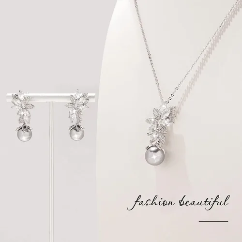 Vista 3 de Juego de joyas de boda para novia, aretes y collar de plata S925, joyería de graduación, circonita cúbica, para novias, damas de honor, para el día