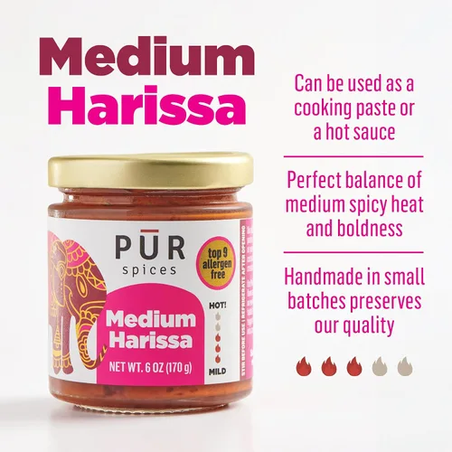 Vista 4 de PUR Spices Pasta Harissa mediana I Salsa picante para cocinar y sumergir I Pasta picante de ají y ajo Inspirado en Oriente Medio A base