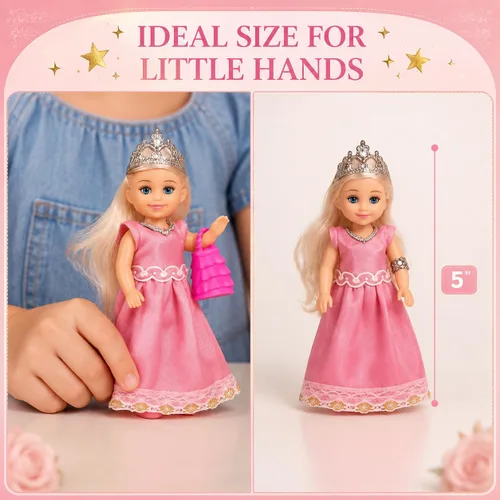 Vista 4 de TOMLEON Juego de muñecas de princesa, 6 muñecas de princesa con vestidos coloridos, coronas y joyas, juego de rol de fantasía para niños