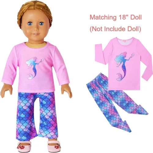Vista 6 de QPANCY Conjunto de pijamas a juego para niñas y muñecas, pijama de manga larga para otoño e invierno