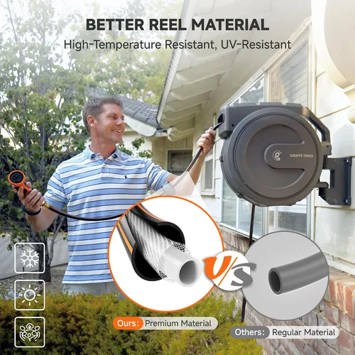 Vista 4 de Giraffe Tools Carrete de manguera de pared resistente, manguera retráctil de 5/8 pulgadas x 90 pies con rebobinado automático, giro de 180°, bloqueo