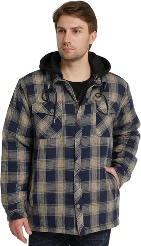 Vista 4 de WenVen chaqueta a cuadros de franela para hombre con capucha extraíble, acolchada
