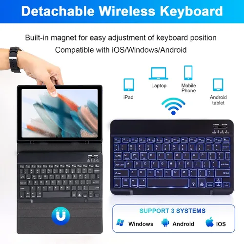 Vista 4 de LAMA Funda con teclado retroiluminado de 7 colores con mouse para Samsung Galaxy Tab A8 de 10.5 pulgadas, funda de teclado inalámbrico con soporte