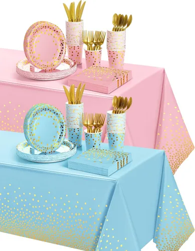 Vista 8 de Tegeme 256 piezas de suministros de fiesta de lunares burdeos y dorados, platos de papel, servilletas granate, vasos, vajilla desechable, mantel
