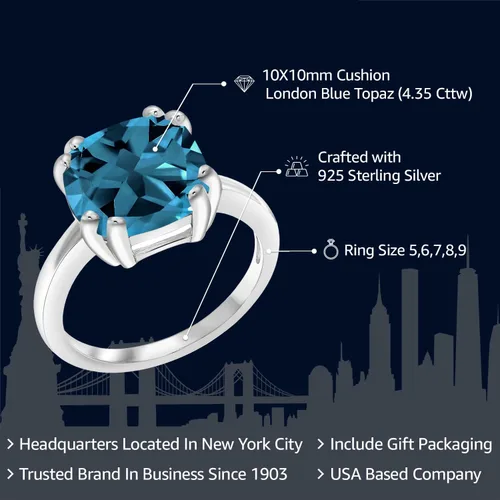 Vista 2 de Gem Stone King Anillo de compromiso de plata de ley 925 con topacio azul Londres de doble punta para mujer