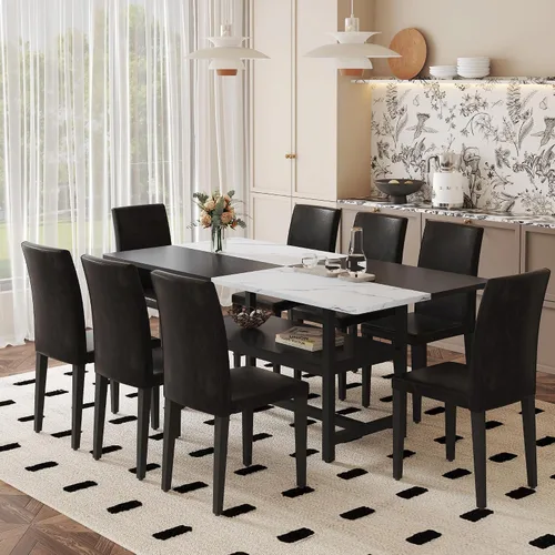 Vista 18 de Juego de mesa de comedor de 71 pulgadas para 6 personas con estante de almacenamiento, juego de mesa de comedor rectangular industrial moderna