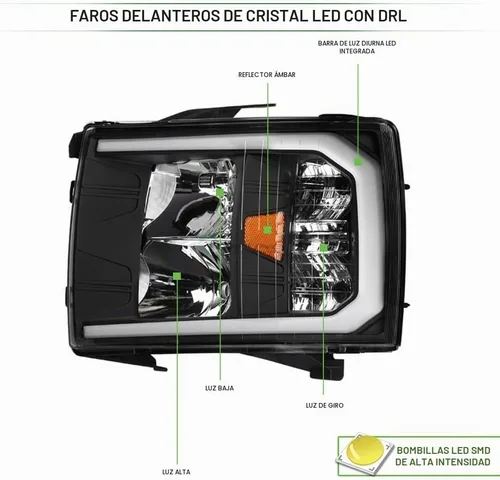 Vista 3 de 7422441821830 Compatible con Chevy Silverado 2007-2013 1500/2007-2014 2500 3500 HD DRL LED Strip Bar Faros delanteros con reflector ámbar Negro