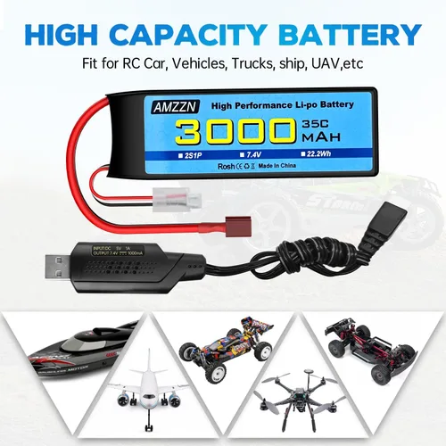 Vista 2 de Batería Lipo de 7.4V 3000mAh 35C 2S T-Plug con cable de carga USB para coche RC, modelo de camión, barco de control remoto, RC Quadcopter Qircraft