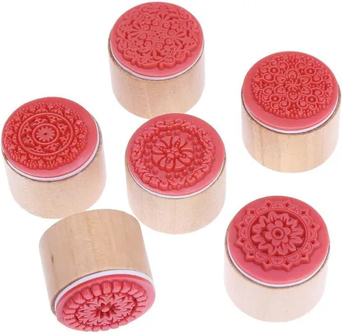Vista 2 de DECORA Juego de 6 sellos redondos de goma y madera con patrón floral para manualidades