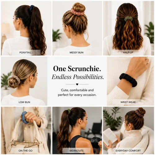 Vista 2 de Paquete de 12 ligas sólidas para el cabello (negro) One Dozen Matching Hair Ties, Soft Cotton Fabric, Gentle No-Crease Hold, Great for Teams
