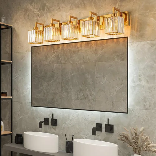 Vista 2 de Moderna lámpara de cristal para pared/tocador de baño, de 5 luces, color cromo Oro torcido