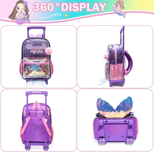 Vista 3 de Meetbelify Girls Rolling Backpack Sequin Rolling Backpacks with Wheels for Girls for Elementary School Bag