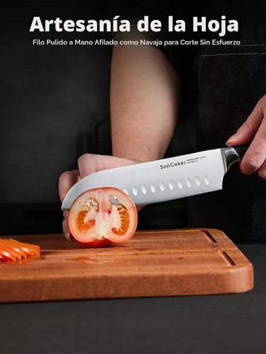 Vista 3 de Santoku - Cuchillo de 7 pulgadas, hoja alemana de acero inoxidable, cuchillo de corte profesional, mango ergonómico de madera de Pakkawood