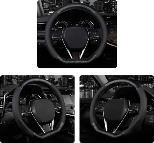 Vista 6 de Funda para volante en forma de D, protector de cuero de alta calidad para volante de automóvil, diseño deportivo de fibra de carbono, antideslizante
