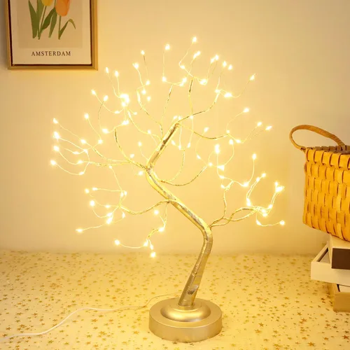 Vista 2 de Árbol de luces de hadas con 108 luces LED parpadeantes, árbol de hadas, lámpara de árbol de espíritu, funciona con batería/USB, función