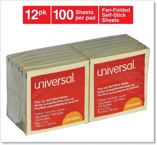 Vista 2 de Bloc de notas autoadhesivas plegables con abanico, 3 x 3, amarillo, 100 hojas, paquete de 12