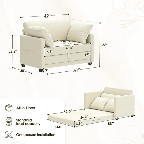 Vista 2 de Myroyalsit - Sofá cama convertible de 51 pulgadas, sofá cama plegable 2 en 1, sofá biplaza para espacios pequeños, con 2 cojines, para apartamento