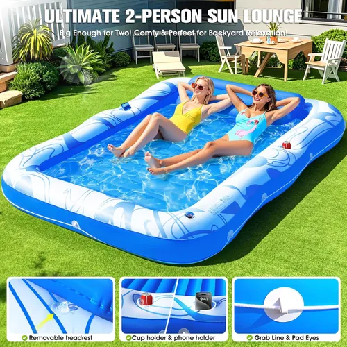 Vista 5 de Tumbona inflable de bronceado con luces, flotadores grandes de 81 x 60 pulgadas para adultos, tumbona de piscina, cama de agua de bronceado inflable