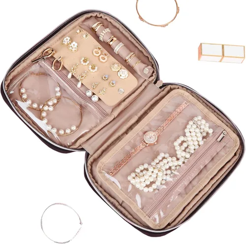 Vista 6 de BELALIFE Organizador de joyas de viaje, estuche portátil de almacenamiento de joyas para aretes, anillos, collares, pulseras, color negro