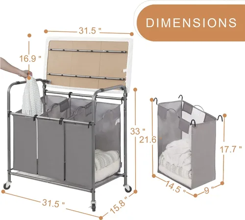 Vista 9 de STORAGE MANIAC - Clasificador de lavandería de 3 secciones con tabla de planchar plegable, carrito de lavandería resistente con ruedas y bolsas