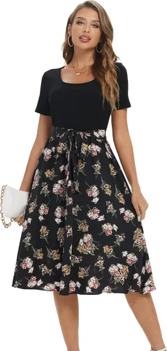 Vista 2 de Aeuui Vestidos de verano para mujer 2023 manga corta cintura elástica vestidos casuales floral acanalado trabajo midi vestido con bolsillos