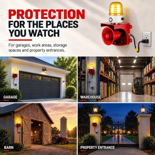 Vista 8 de Alarma con sensor de movimiento AC110V con detección humana, sirena ajustable de 120 dB y luces estroboscópicas LED ámbar, alarma de seguridad al