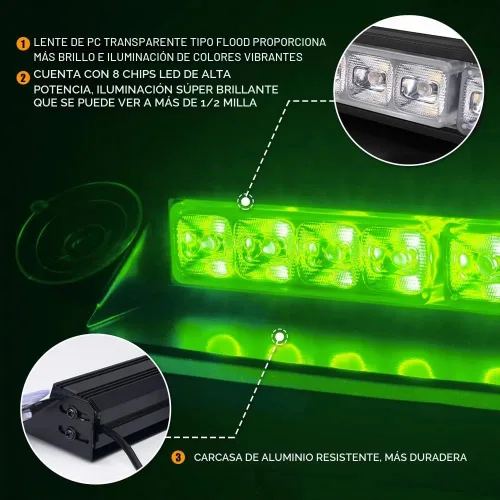 Vista 3 de [Usado] Xprite - Barra de luz estroboscópica verde de emergencia para tablero, carcasa de aluminio con 20 patrones de flash y ventosas, función