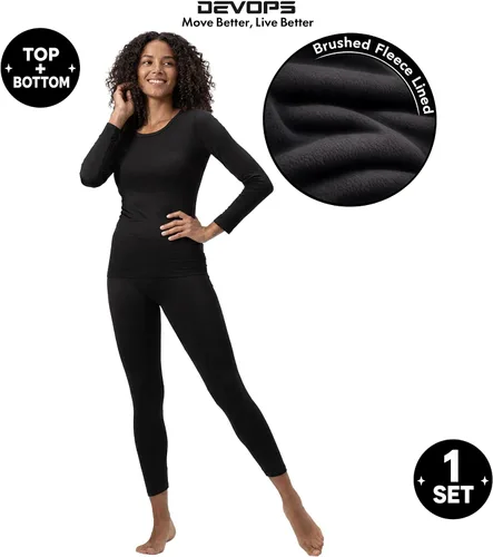 Vista 3 de DEVOPS - Conjunto de ropa interior térmica para mujer Long Johns, prenda superior e inferior Negro