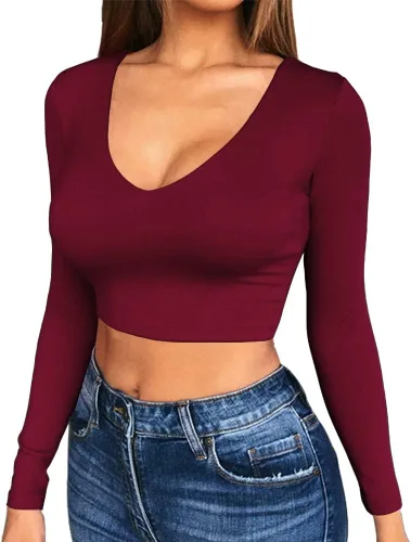 Vista 11 de Artfish Women's Long Sleeve Scoop V Neck Crop Top 04# Cuello en V Negro