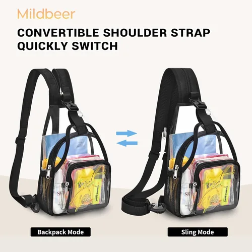 Vista 3 de Mildbeer Mochila pequeña transparente para mujer, bandolera y hombro convertibles, bolsa de festival aprobada por estadios para conciertos y uso