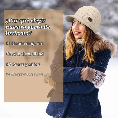 Vista 5 de Sombreros de invierno para mujeres - Gorro de punto cálido y con estilo, grueso, con visera, lindos sombreros de invierno suaves y elásticos