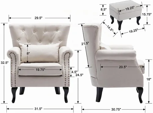 Vista 3 de chairus Silla de Acento Moderna de Mediados de Siglo con Otomana, Cómoda Silla Individual de Sofá de Lino con Botones Capitoné Sillón Orejero