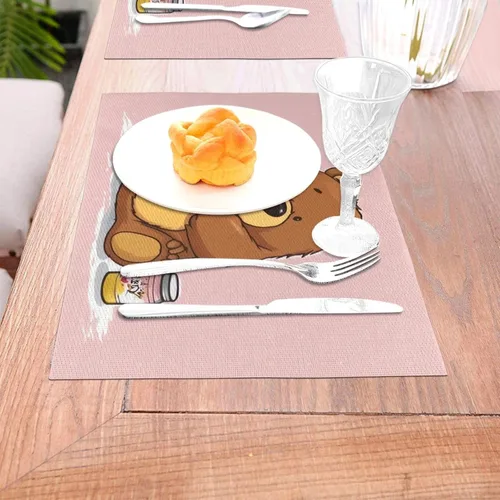 Vista 3 de 6 PCS PVC Placemats Set Place Mats Bear Holding Bottle of Honey Non-Slip Weave Place Mats 12" x 18" Farmhouse Table Mat Set for Family Dinners