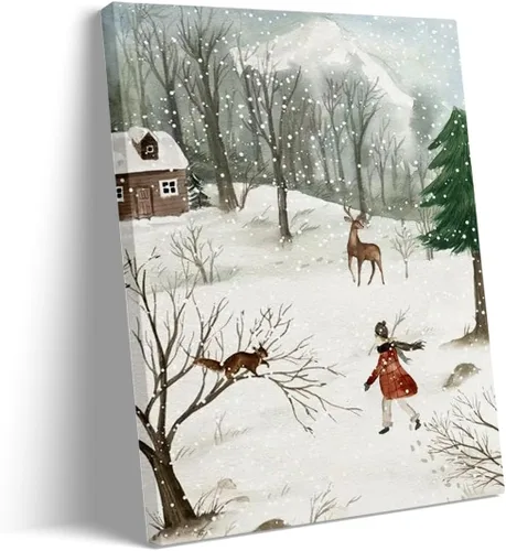 Vista 12 de Arte de pared de pueblo de invierno, encantadoras casas de pueblo cubiertas de nieve, escena nocturna acogedora, arte de pared, decoración navideña