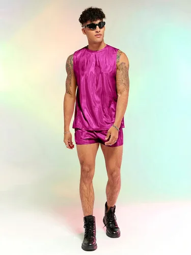 Vista 5 de WDIRARA Conjunto de 2 piezas para hombre, camiseta sin mangas holográfica y pantalones cortos con cordón