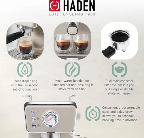 Vista 3 de HADEN Barista Brew - Cafetera de café expreso, de acero inoxidable con espumador de leche y vaporizador y tanque de agua de 1.5 L, masilla y cobre