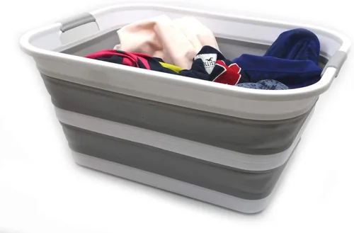 Vista 4 de SAMMART Cesta plegable de plástico para la ropa sucia de 42 litros, contenedor de almacenamiento plegable y organizador, tina de lavado portátil