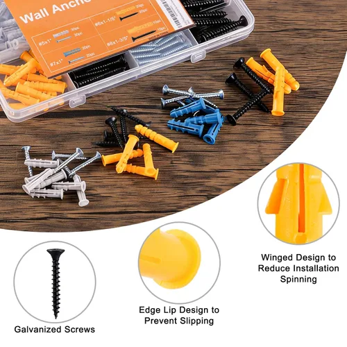 Vista 6 de KURUI Kit de anclajes para paneles de yeso con tornillos, 160 anclajes de pared de plástico y tornillos de cabeza Phillips galvanizados, 4 tamaños
