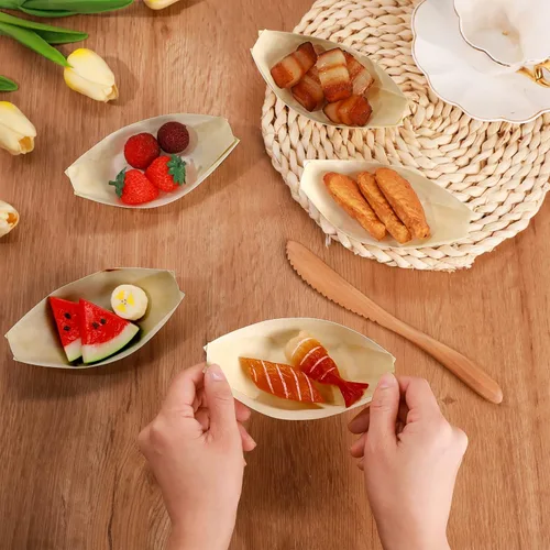 Vista 3 de Nuanchu 200 unidades de bambú de madera desechables a granel, platos de madera para barcos de sushi, barcos de bambú para bandejas de alimentos