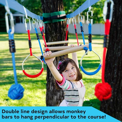 Vista 3 de Double Ninja Slackline - Carrera de obstáculos para niños Línea de 80 pies Equipo de juegos Ninja Slackline Monkey Bars Curso de cuerdas Ninja