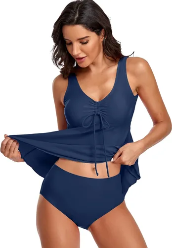 Vista 2 de Omichic Tankini Bathing Suits for Women Two Piece Modest Blouson Tankini Top with Bikini Bottom