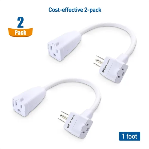 Vista 6 de Cable Matters Paquete de 2 cables de extensión cortos 13A 1625W de 2 salidas, 1 pie, color blanco Cable corto, ahorrador de salida, coleta