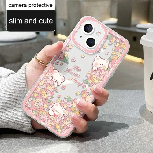 Vista 7 de Funda protectora de TPU suave con diseño de oso Kawaii con diseño floral rosa para iPhone 14